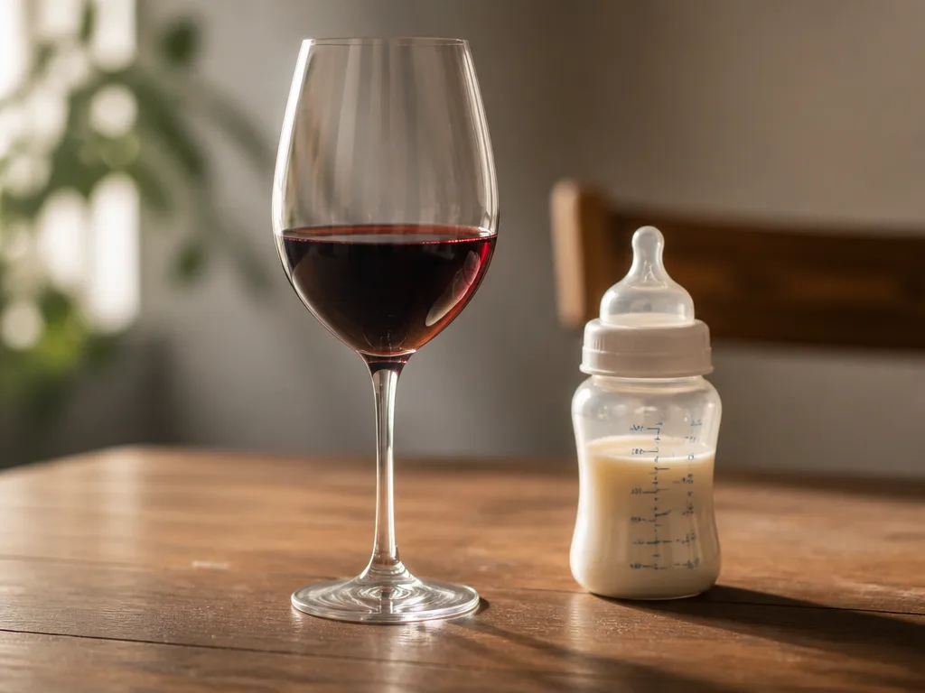 Ett glas rött vin bredvid en nappflaska på ett träbord i varmt naturligt ljus