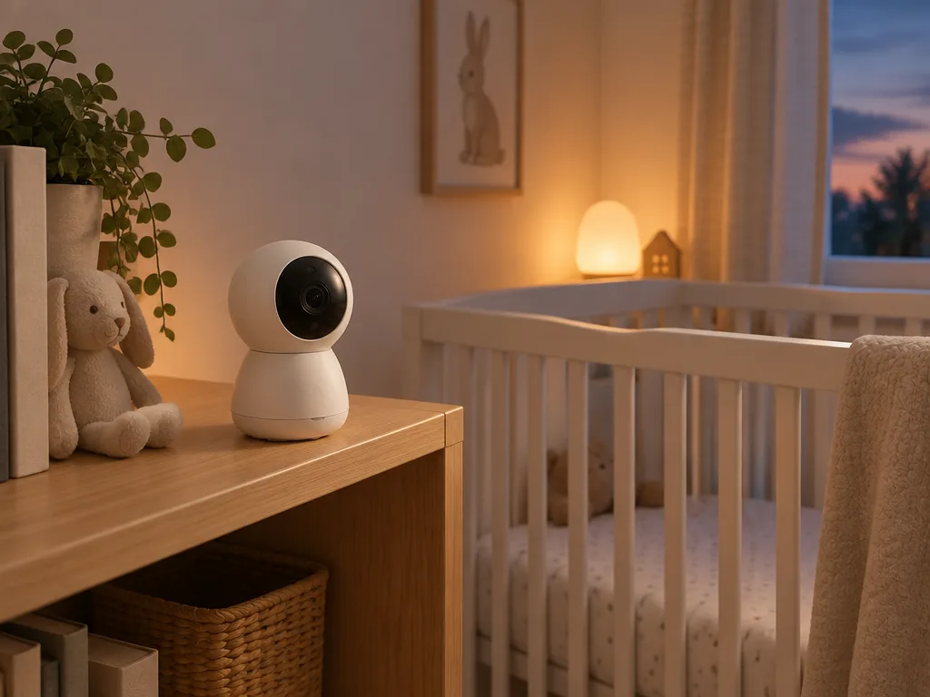 En vit babyvakt med kamera på en hylla vid en spjälsäng i ett dämpat sovrum