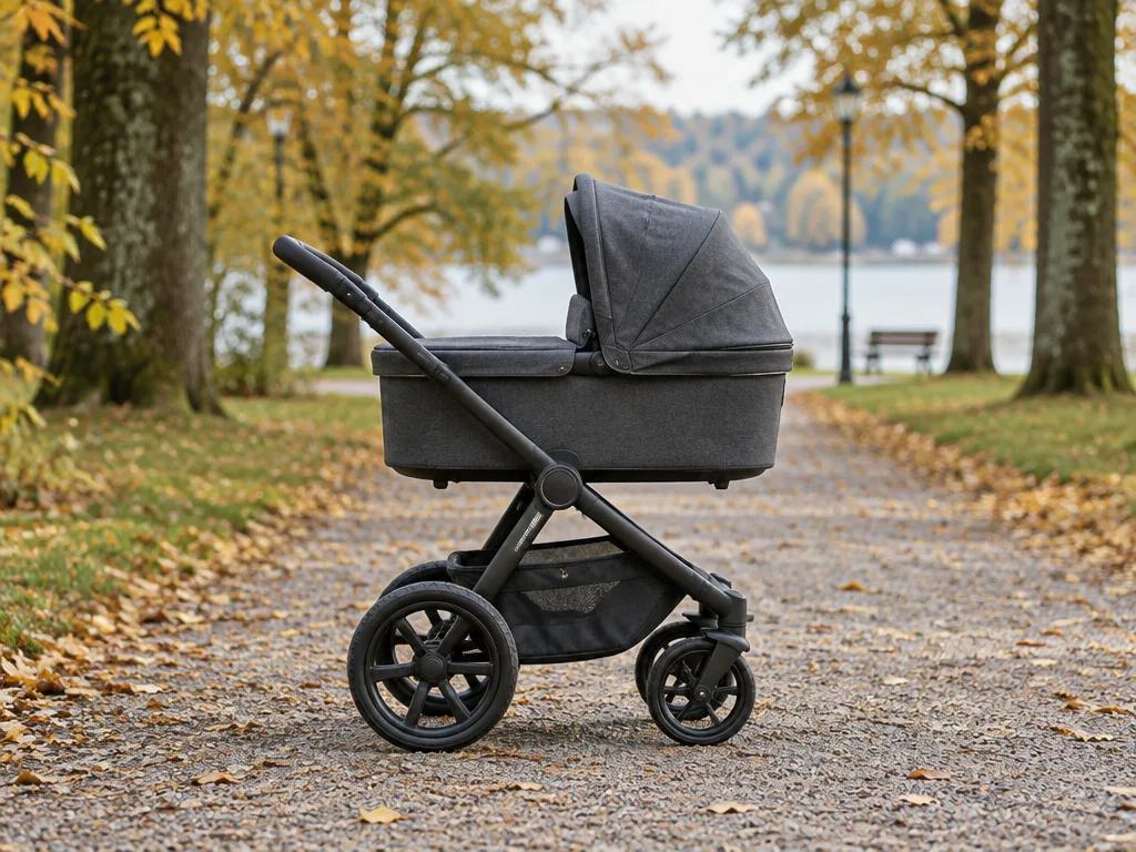 En mörk barnvagn med sufflett uppfälld på en grusad promenadväg mellan träd