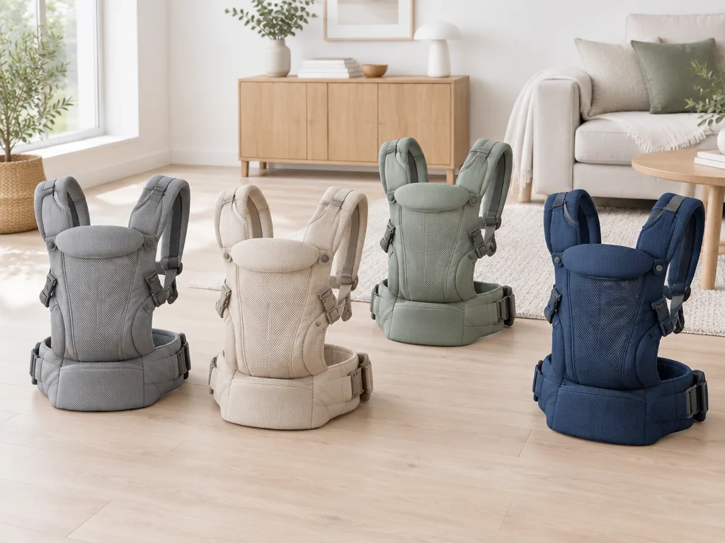 Fyra ergonomiska bärselar i grått, beige, grönt och marinblått nättyg på ett ljust trägolv i ett vardagsrum