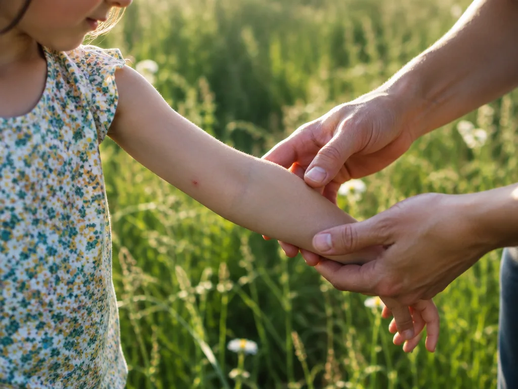 Förälder undersöker armen på ett barn i en sommaräng med högt gräs efter fästingar