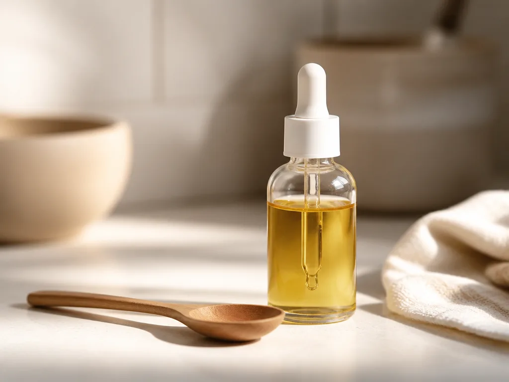 En liten flaska D-vitamindroppar med pipett bredvid en sked i varmt morgonljus