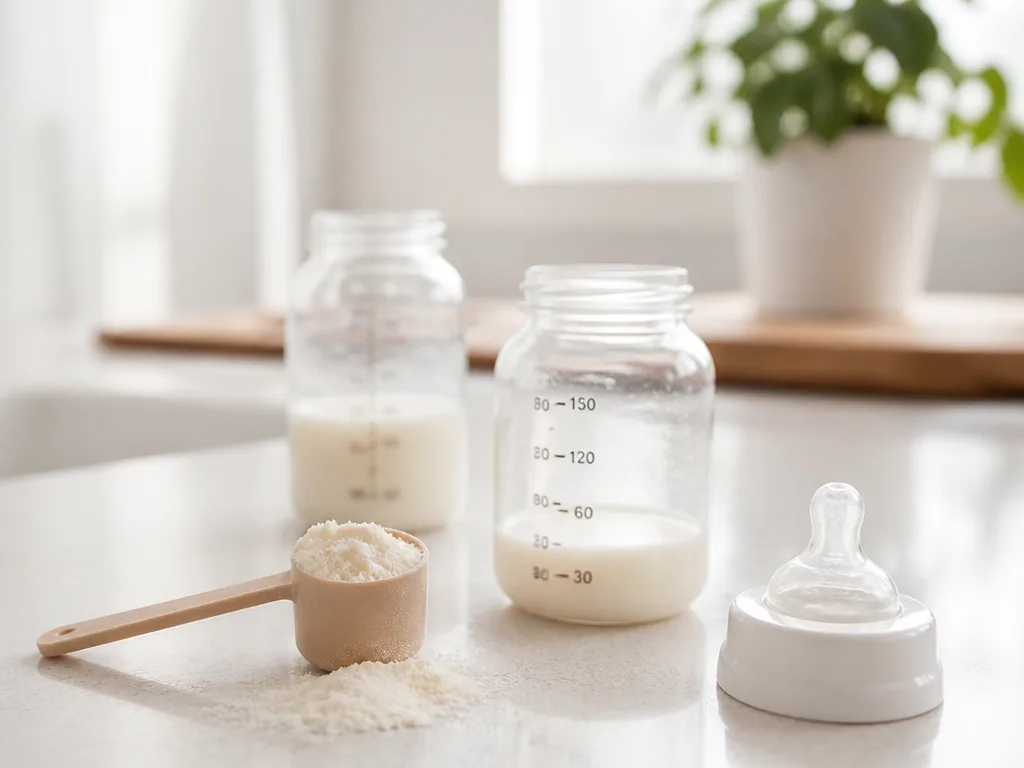 Babyflaskor och måttsked med modersmjölksersättningspulver på ett ljust köksbord – förberedelse av ersättning till bebis