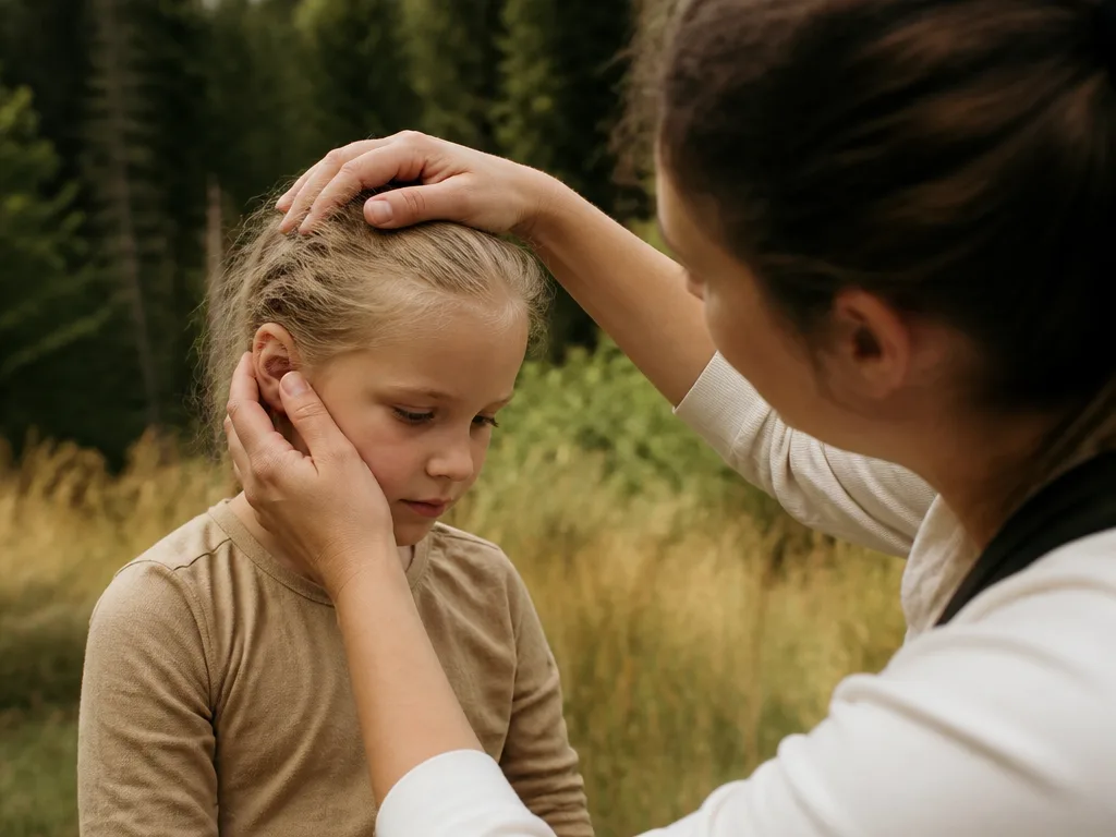Förälder kontrollerar barnets hud och hårbotten utomhus efter promenad i högt gräs