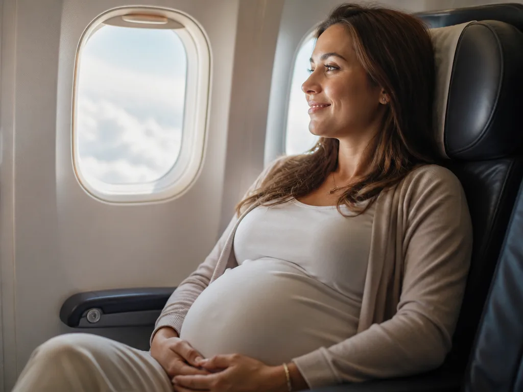 Gravid kvinna sitter avslappnat vid flygplansfönstret i mjukt dagsljus