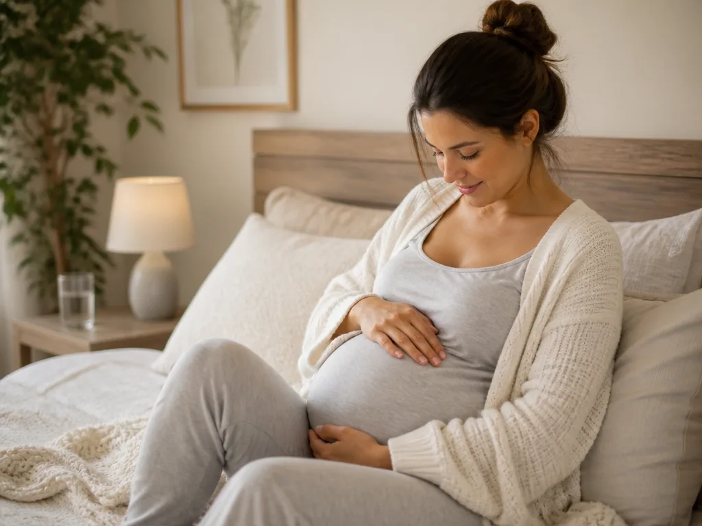 Gravid kvinna kopplar av hemma i mjukt, naturligt ljus
