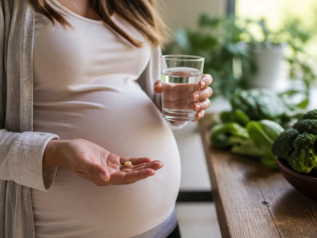 Gravid kvinna som håller ett glas vatten och en tablettkarta med kosttillskott vid ett köksbord fullt av gröna grönsaker