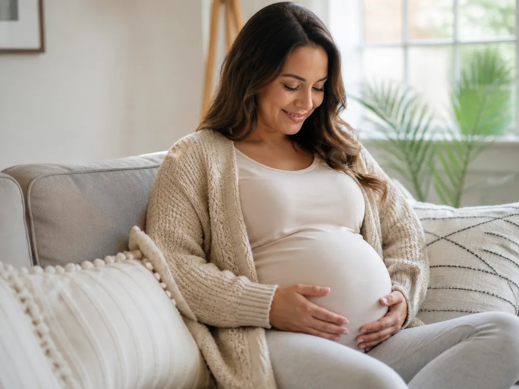 Gravid kvinna sitter avslappnat i soffa med händerna på magen i varmt naturligt ljus