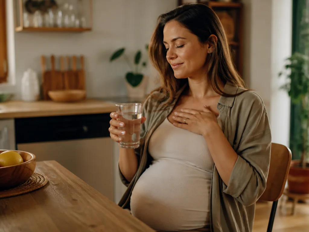 Gravid kvinna som håller en hand mot bröstet med ett glas vatten på bordet framför sig
