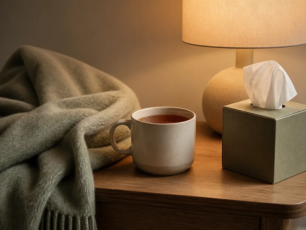 En varm filt, en mugg te och en ask näsdukar på ett sängbord i mjukt ljus