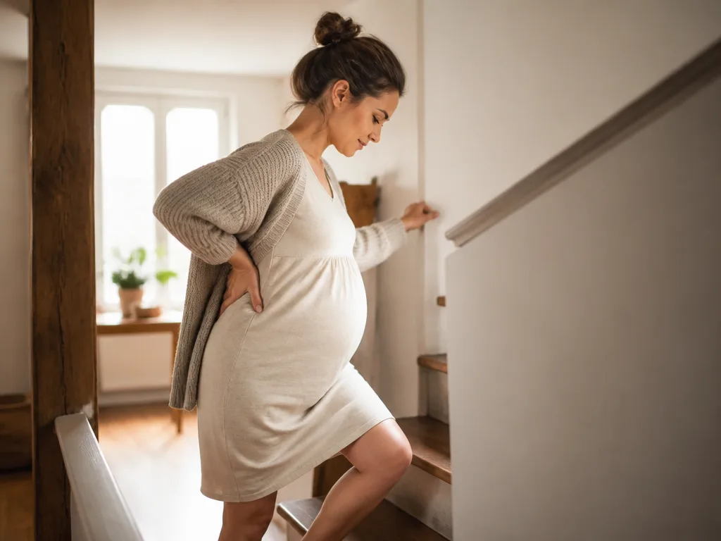Gravid kvinna stödjer försiktigt ryggen med ena handen medan hon går i en trappa hemma