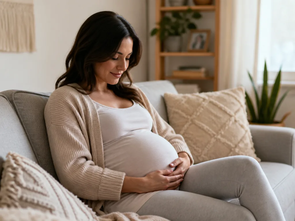 Gravid kvinna sitter i soffan hemma och vilar båda händerna på magen