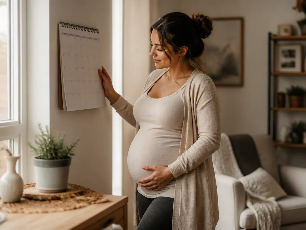 Gravid kvinna tittar på en kalender och håller om magen i ett varmt, mysigt hem
