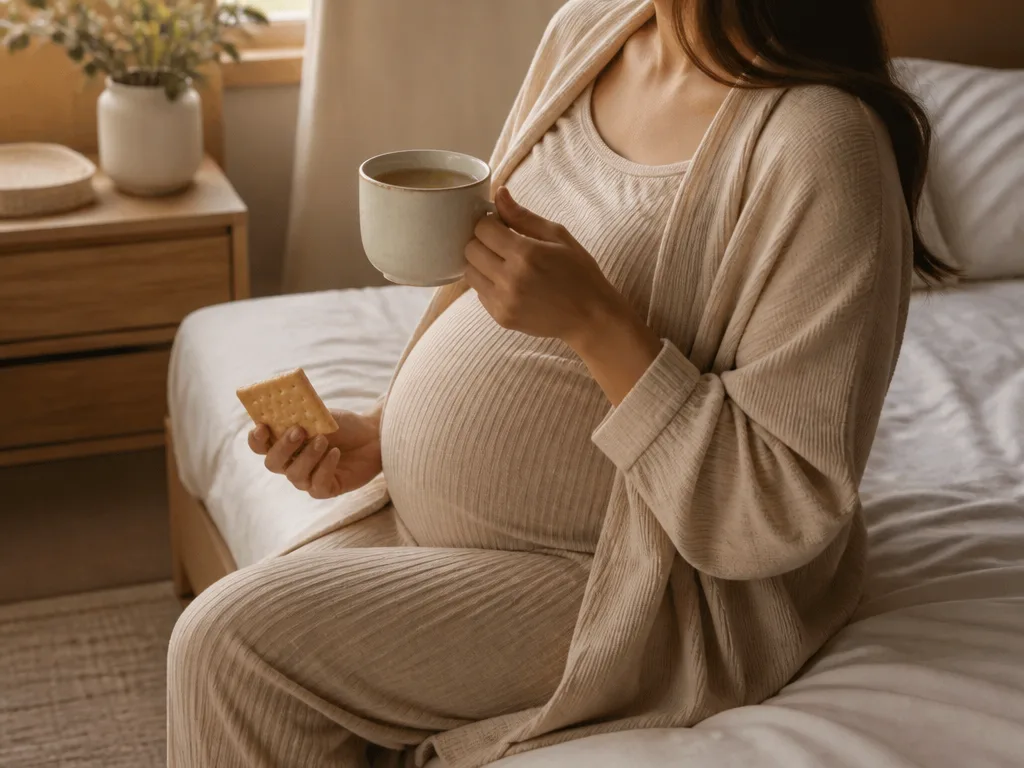 Gravid person sitter på sängkanten i mjukt morgonljus med en kopp ingefärste och ett kex