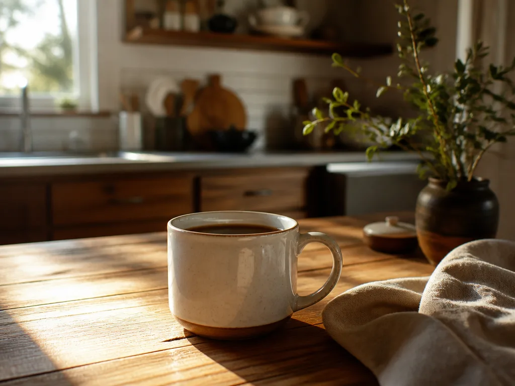 En kopp bryggkaffe på ett köksbord bredvid en gravid mage, morgonljus genom fönstret