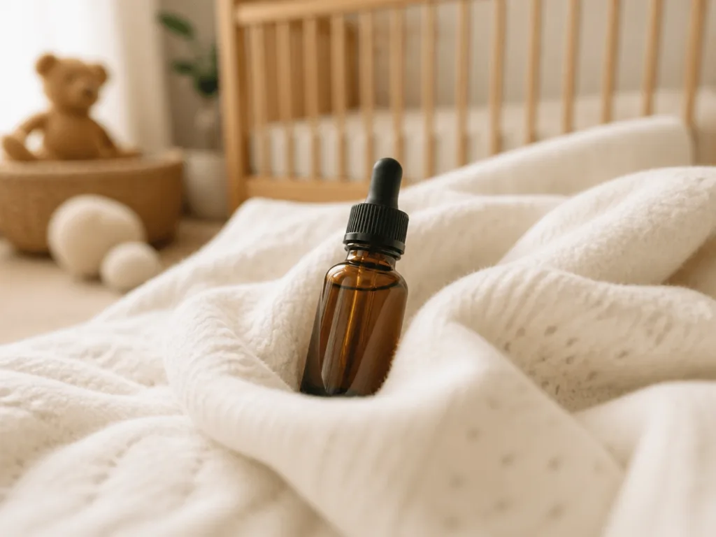 En liten brun droppflaska med pipett vilar på en mjuk vit babyfilt i varmt naturligt ljus