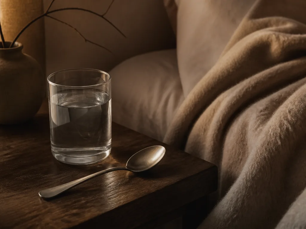 Ett glas vatten och en sked på ett nattduksbord bredvid en mjuk filt i varmt hemljus