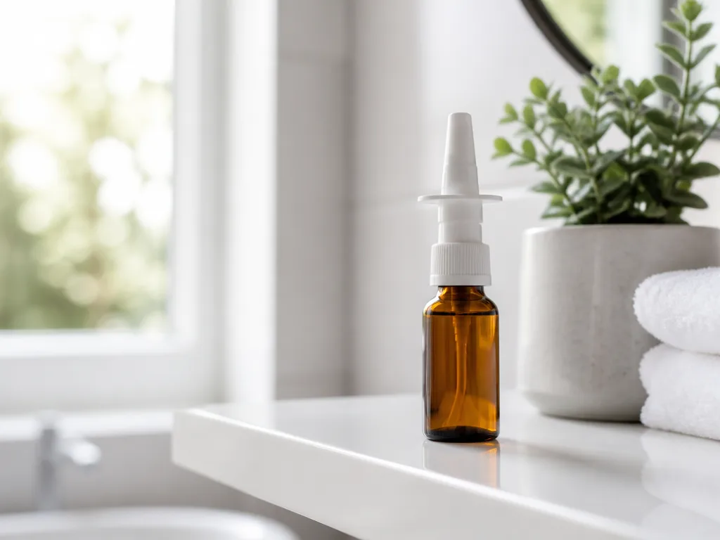 Nässpray med koksaltlösning på en ljus badrumshylla