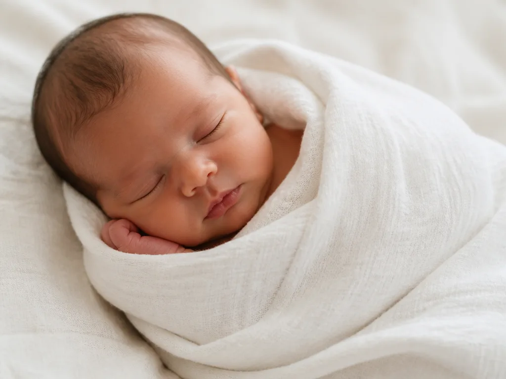 Nyfödd bebis sover inlindad i vit filt i mjukt naturligt ljus