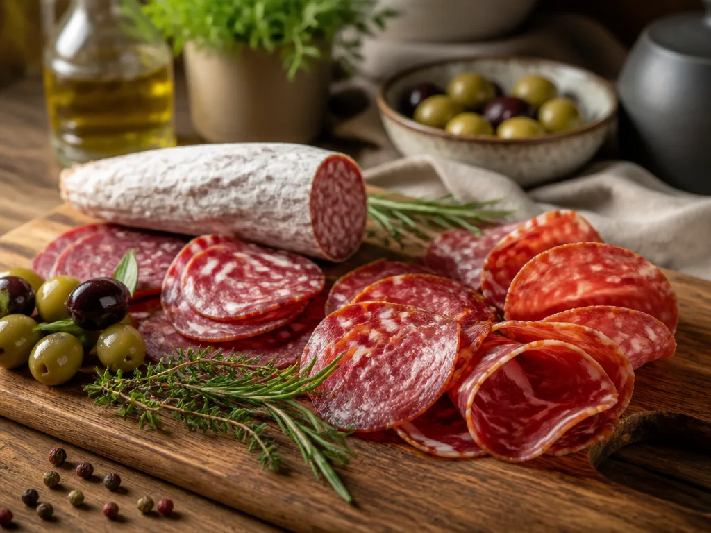 Skivad salami och charkuterier på en träskärbräda med oliver och örter