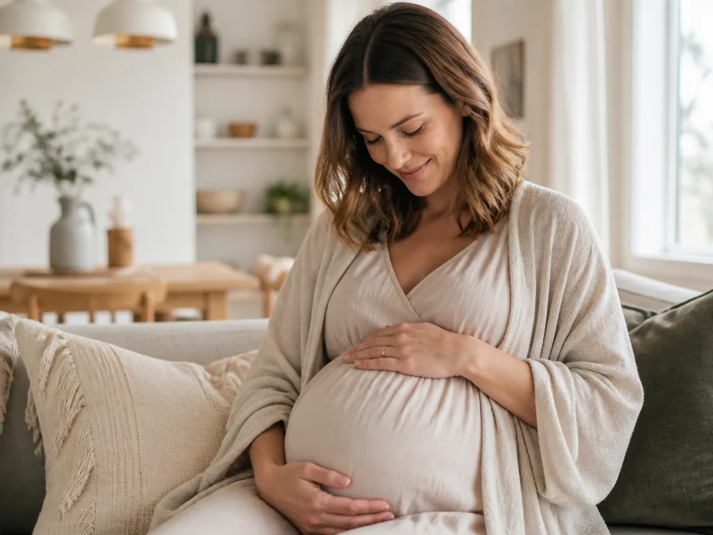 Gravid kvinna som vilar handen på magen i ett ljust, mysigt hem