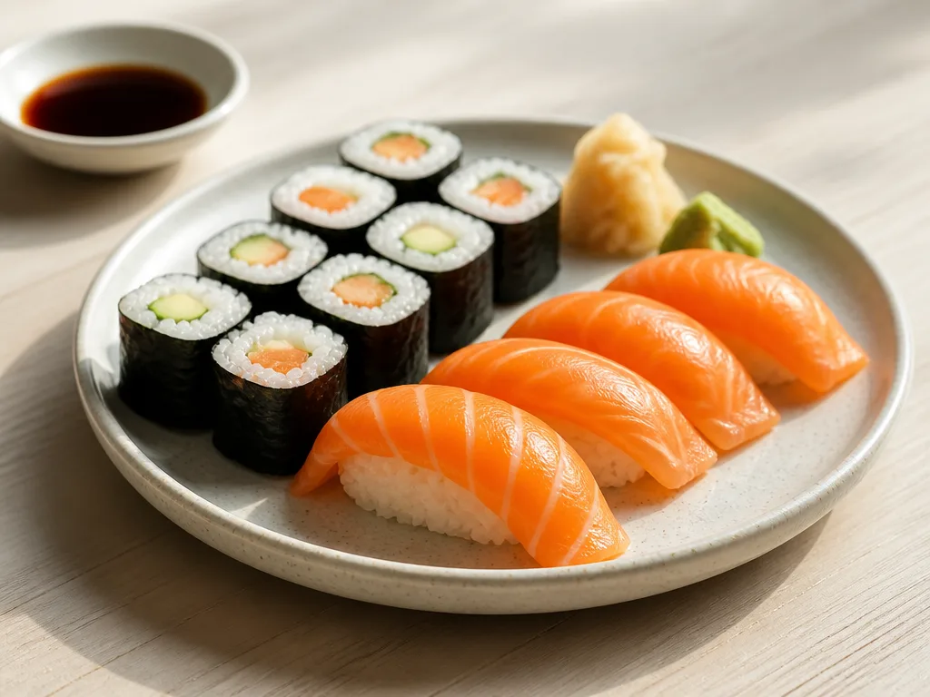 Sushitallrik med laxnigiri och makirullar på ett ljust träbord
