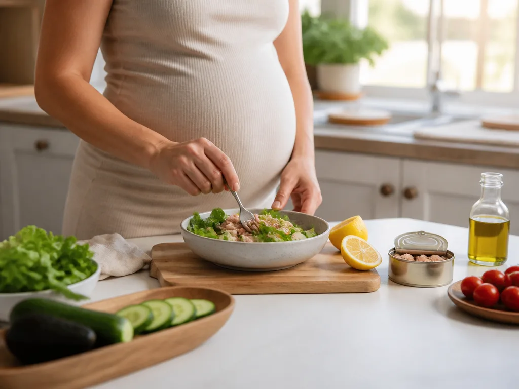 Gravid kvinna förbereder en hälsosam måltid med tonfisk, grönsaker och citron i köket