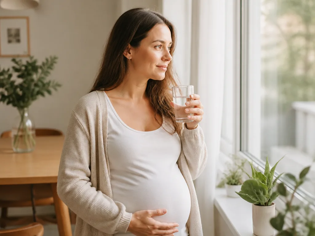 Gravid kvinna sitter i ett varmt, ljust hem och håller ett glas vatten