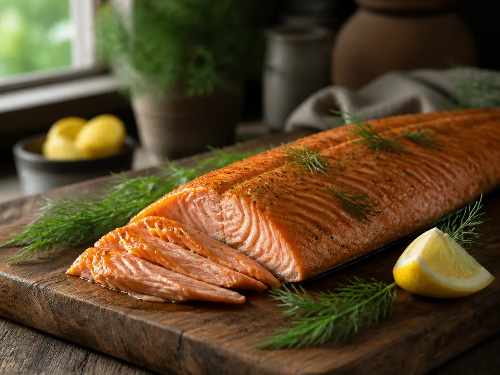 Varmrökt laxfilé på en träskärbräda med färsk dill och en citronklyfta i naturligt ljus